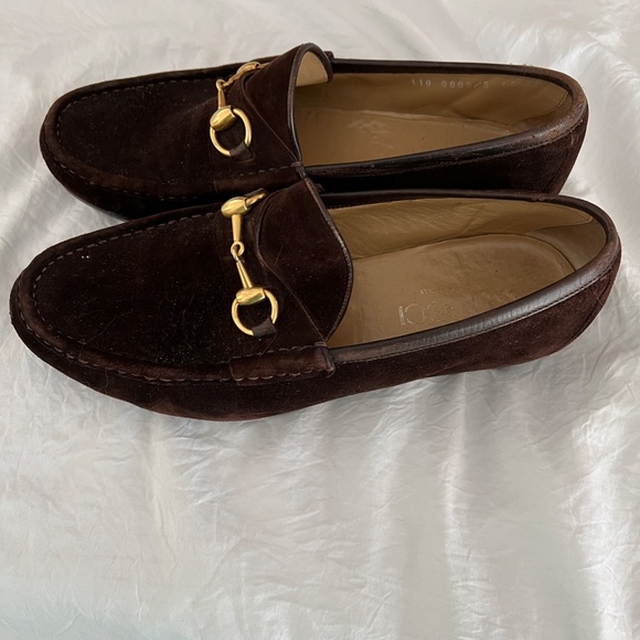 Men's Gucci Brown Swede Classic Style Loafers Gold Horseshoe Bit 41.5/8.5 - Picture 3 of 14